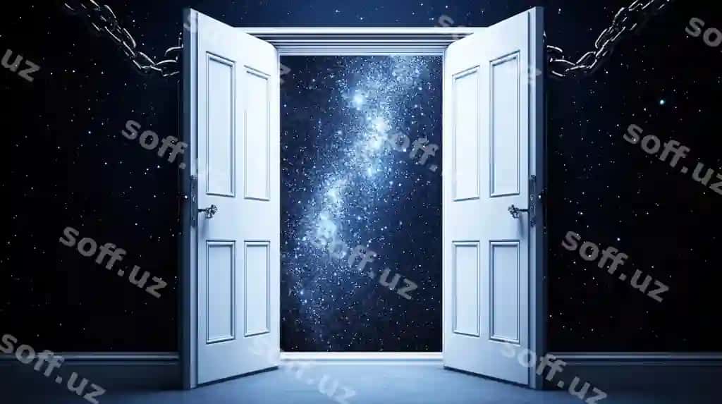 Ochiq juft eshiklar yulduzli kecha osmonini ko'rsatadi. | Open double doors reveal starry night sky