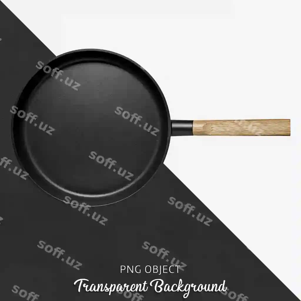Qora doira tava yog'och qozon bilan shaffof orqa fonda | Black round pan with wooden handle transparent background