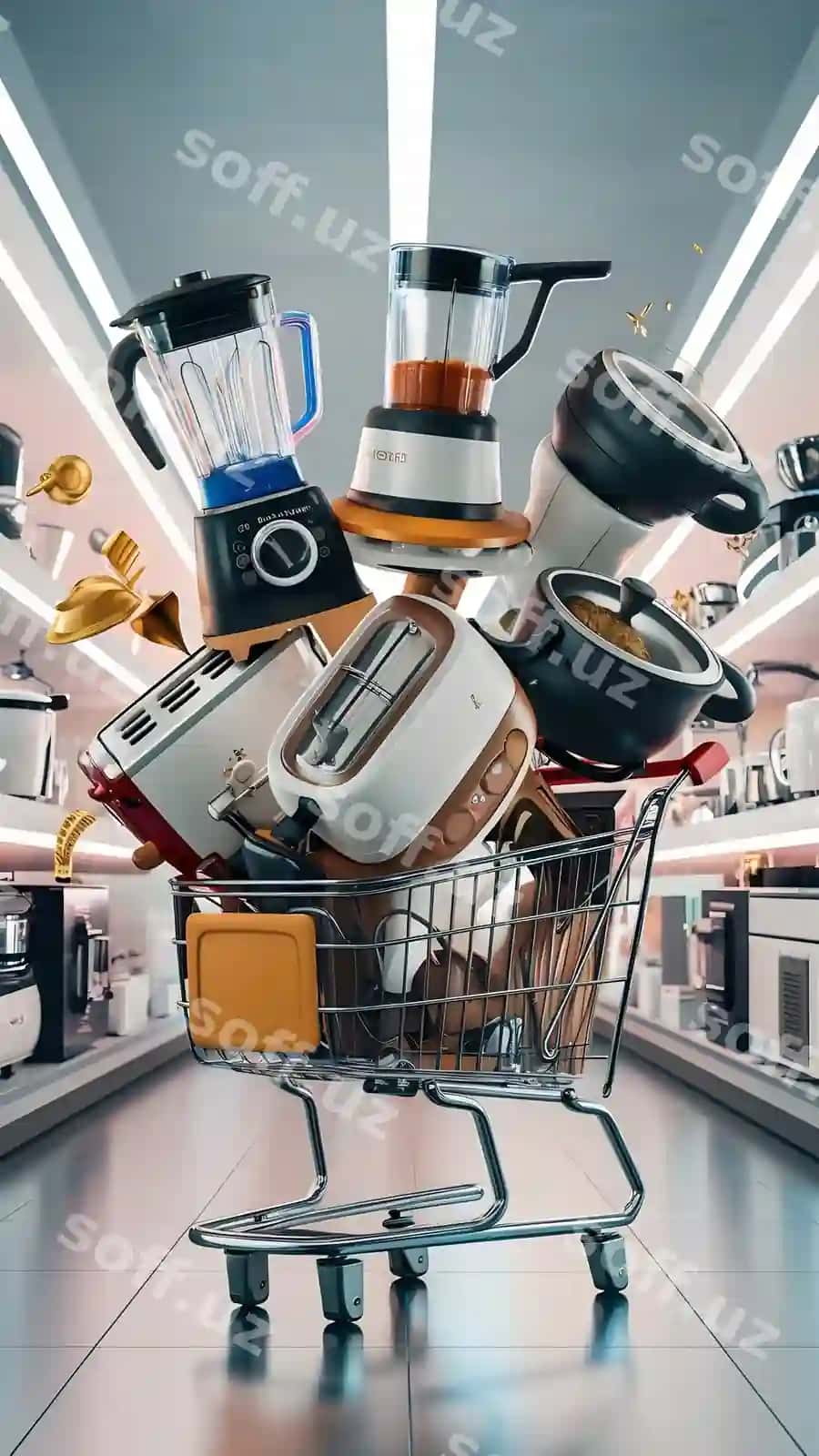 Ko'plab oshxona jihozlari xarid savatiga tushayotgan 3D render | Many kitchen appliance falling shopping cart 3d rendering
