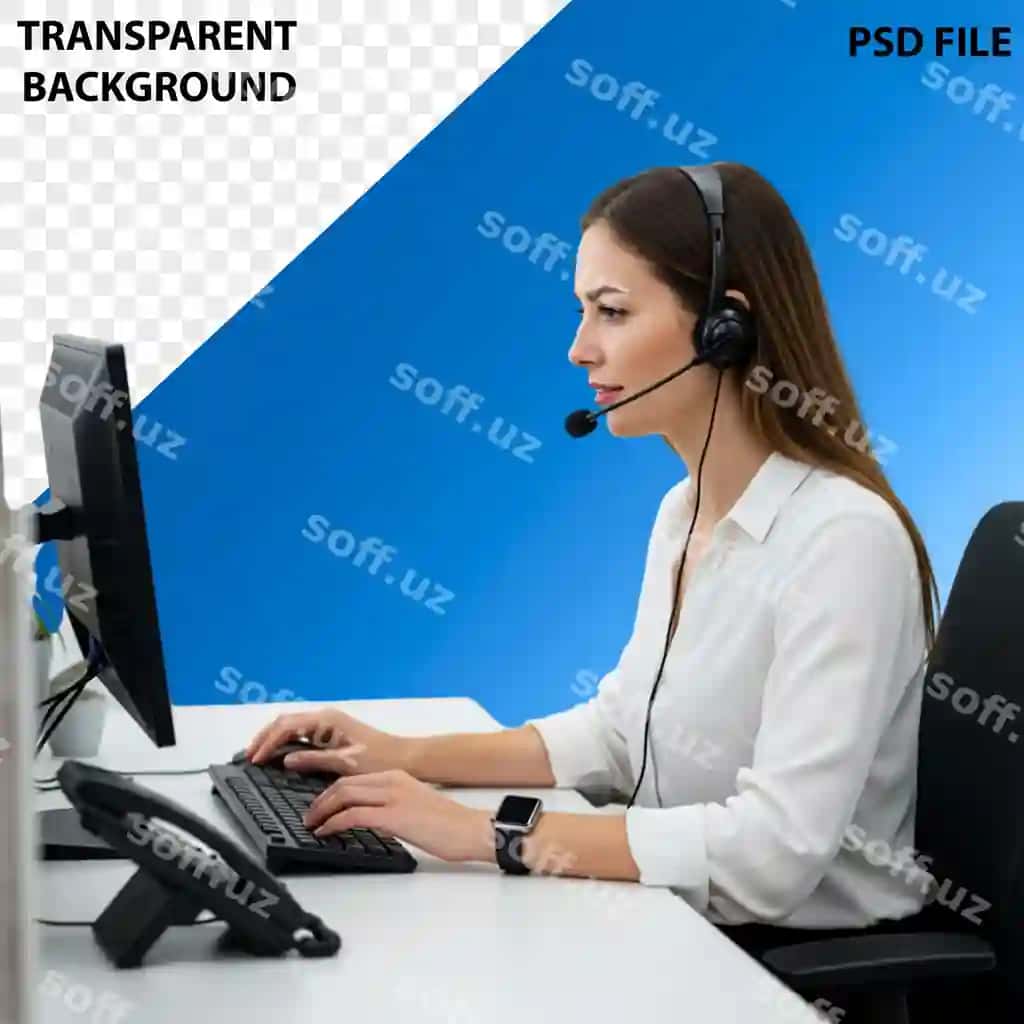 Mijoz xizmati vakoli ishchi kompyuter stoli | Customer service representative working computer desk