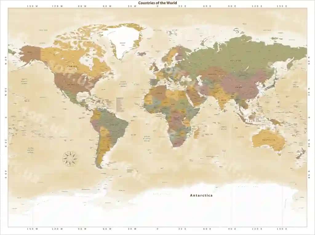Batafsil siyosiy dunyo xaritasi vintaj uslubda Miller proektsiyasi | Detailed political world map vintage style miller projection