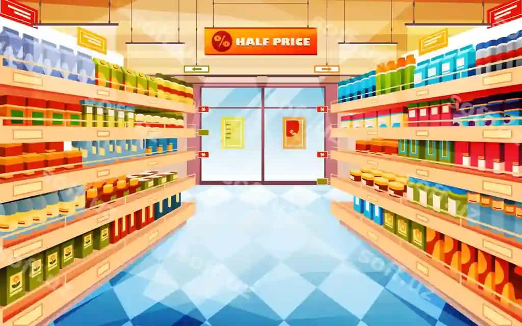 Supermarket do'konlari binoda ichki ko'rinish vektor rasmi | Supermarket shop store indoor viewvector image