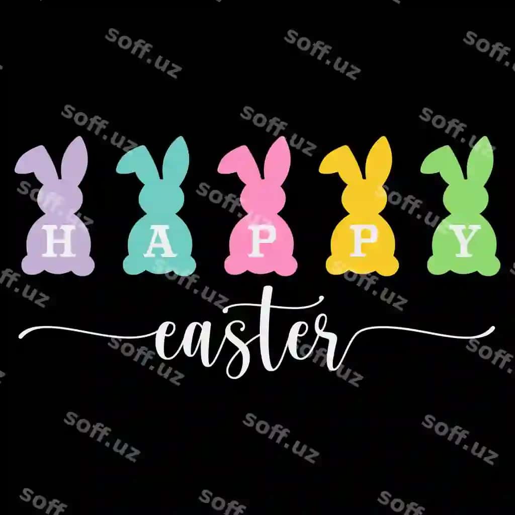 Rangarli ekran tulki va "Baxmalik Pasxa" so'zi pastda | Colorful display bunnies with word happy easter bottom
