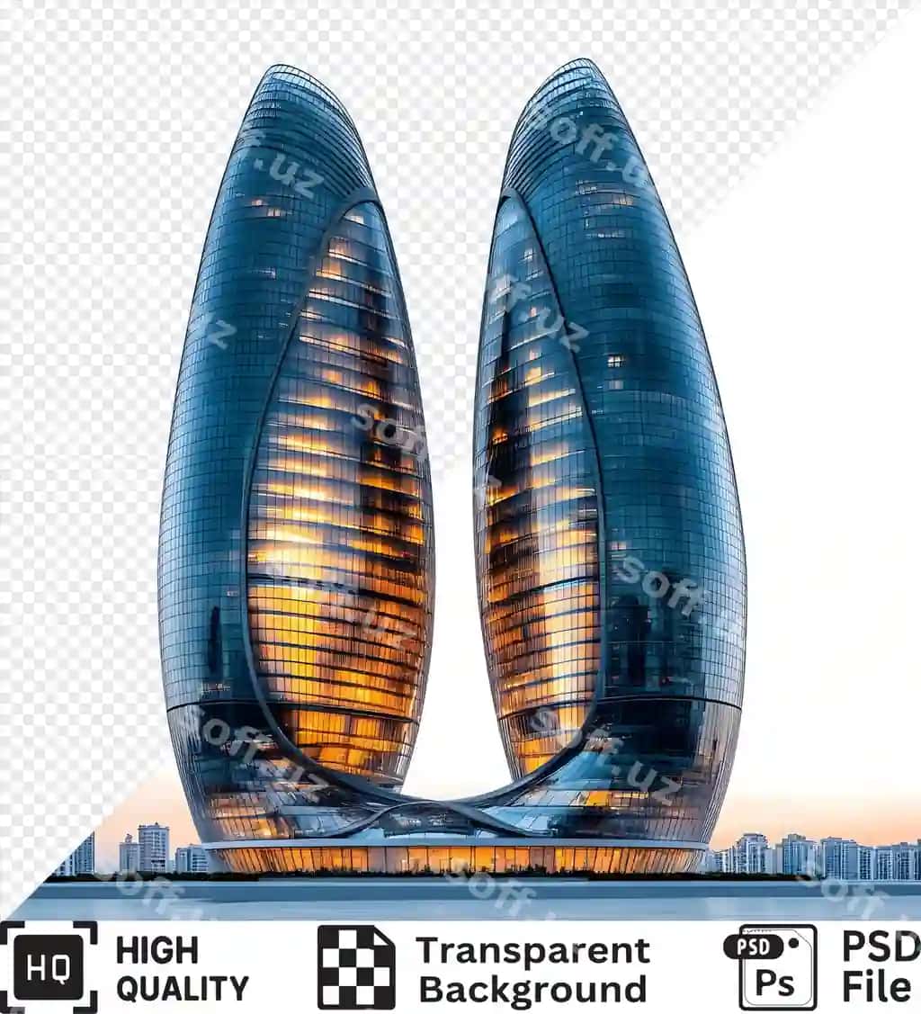 Juft kulea germalanadigan shisha fasad bilan issiq ichki yoritishlar ajraltirilgan | Twin towers with curving glass facade warm interior lights isolated