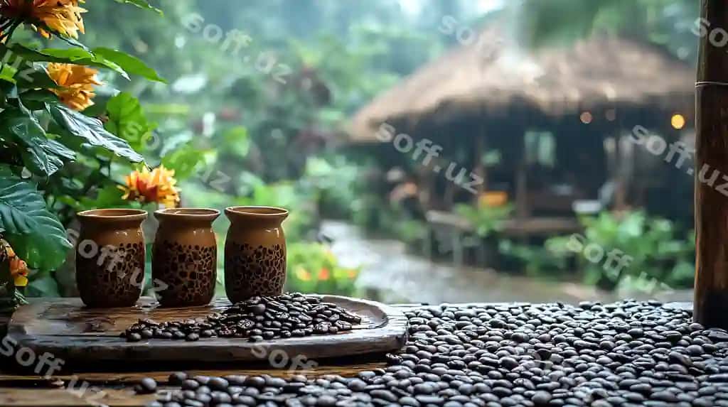 Uch qoshiqli qahva savoti qahva bonollari bilan | There are three cups coffee tray with coffee beans