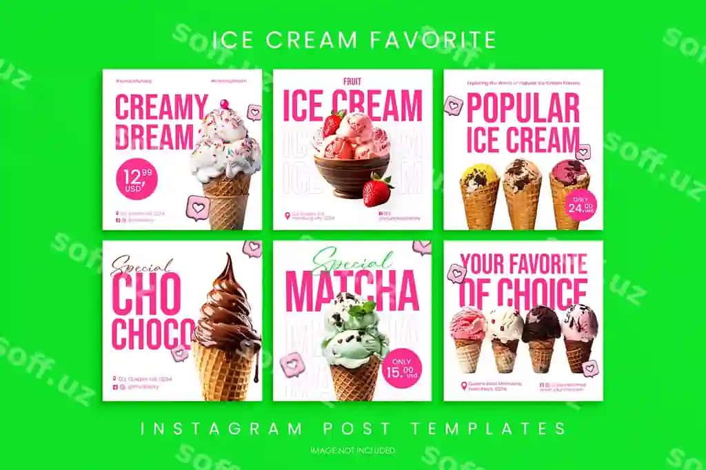 Sevimli muzqaymoq uchun Instagram paketi dizayni – Ijtimoiy media posti | Bundle favorite ice cream instagram pack design social media post