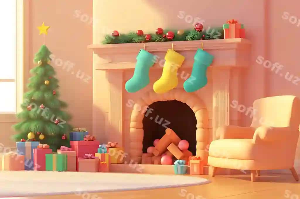 Pech Yangi yil dirgasi charmlari poddoni bilan | Fireplace with christmas tree stockings mantle