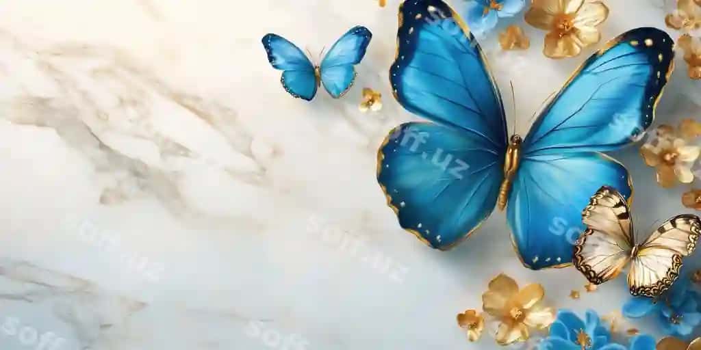 Elegant ko'k parvozlar oltin gullar bilan marble orqa fonda AI yaratilgan illustratsiya | Elegant blue butterflies with golden flowers marble background ai generated illustration
