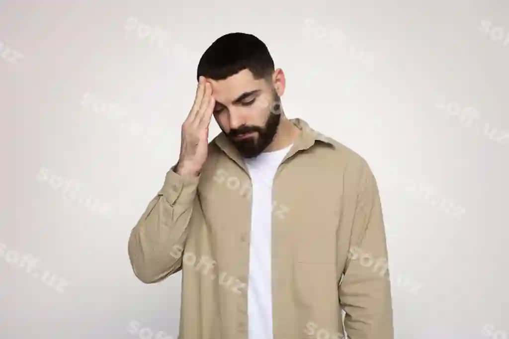 Buzoqli erkak chiroyli his qilmoqda, bosh og'rigi bor, o'zining bosh ostini tutmoqda. | Man with beard feeling stressed having headache holding his forehead
