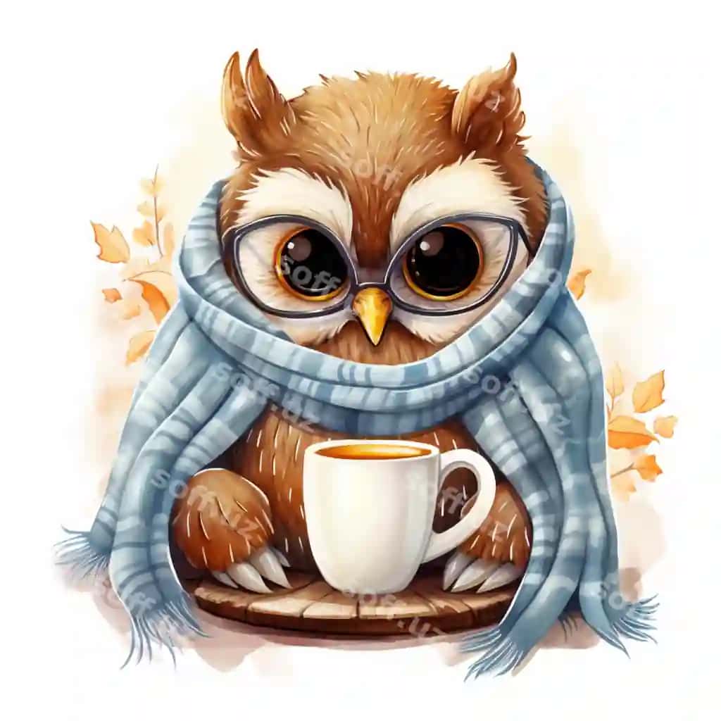 Bor karyakatur baycha ko'z qo'llab poyuz tutgan kofe choyi generative ai | There is cartoon owl with glasses scarf holding cup coffee generative ai