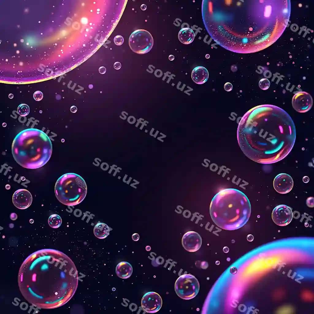 Binofa sova chiziqlari farqi bor hajmlar qorong'i binofa orqa fonda faza matni bilan | Rainbow soap bubbles different sizes dark purple background with space text