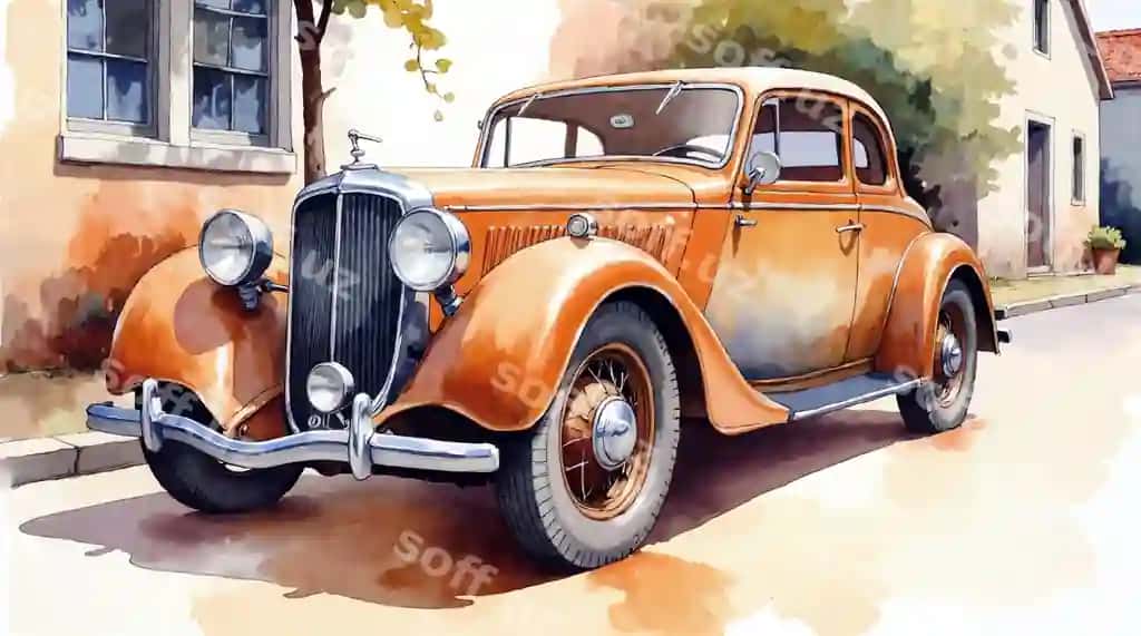 Akvaramel rasm qadimiy apelsin rangli avtomobil ko'chada to'xtatilgan | Watercolor painting antique orange car parked street