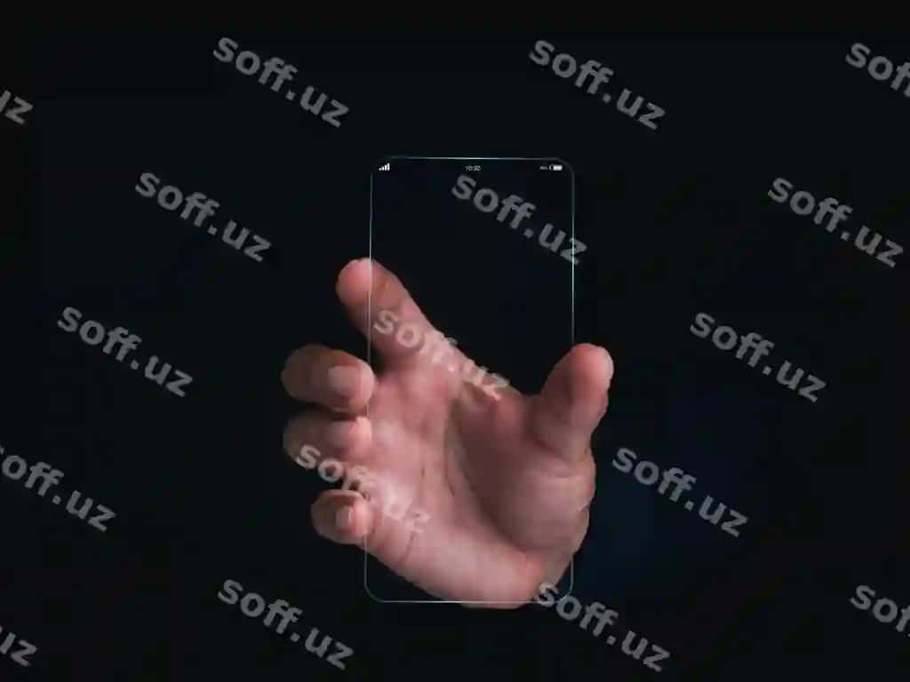 Kelajakli shaffof shisha telefon texnologiyasi juda hammurat shaffof kelajak akilliq telefon vertikal model bo'sh ekran qoliq qorong'i fona | Futuristic transparent glass phone technology super slim transparent future smartphone with vertical mockup blank screen hand dark background