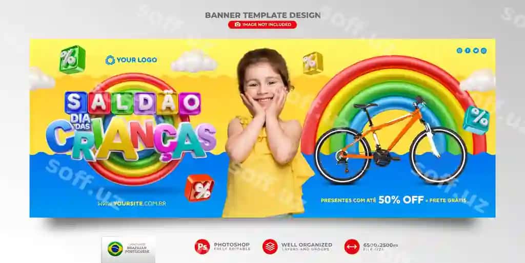 Bolalar kuni sotuv baneri 3D render marketing kampaniya Braziliya portugali | Children s day sale banner 3d render marketing campaign brazil portuguese