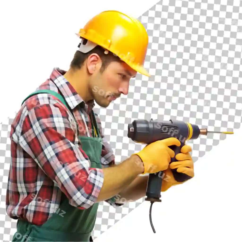 Baxtli ta'mirchi umumiy drillni tutgan qoliq | Happy repairman overall holding drill hand