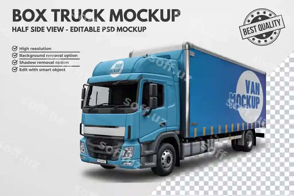 Yarımi tomon ko'rinish qutı yuk avtomobili uchun tahrir qilish mumkin psd namuna | Half side view box truck editable psd mockup