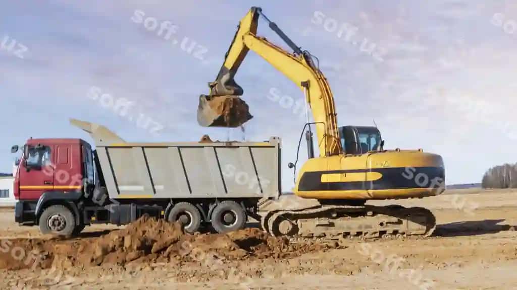 Kuchli yurar ekskavator ko'k osmon orqali dump truck ga yer yuklaydi, binoirlar joyidan olib tashlanadigan yer. | Powerful crawler excavator loads earth into dump truck against blue sky development removal soil from construction site