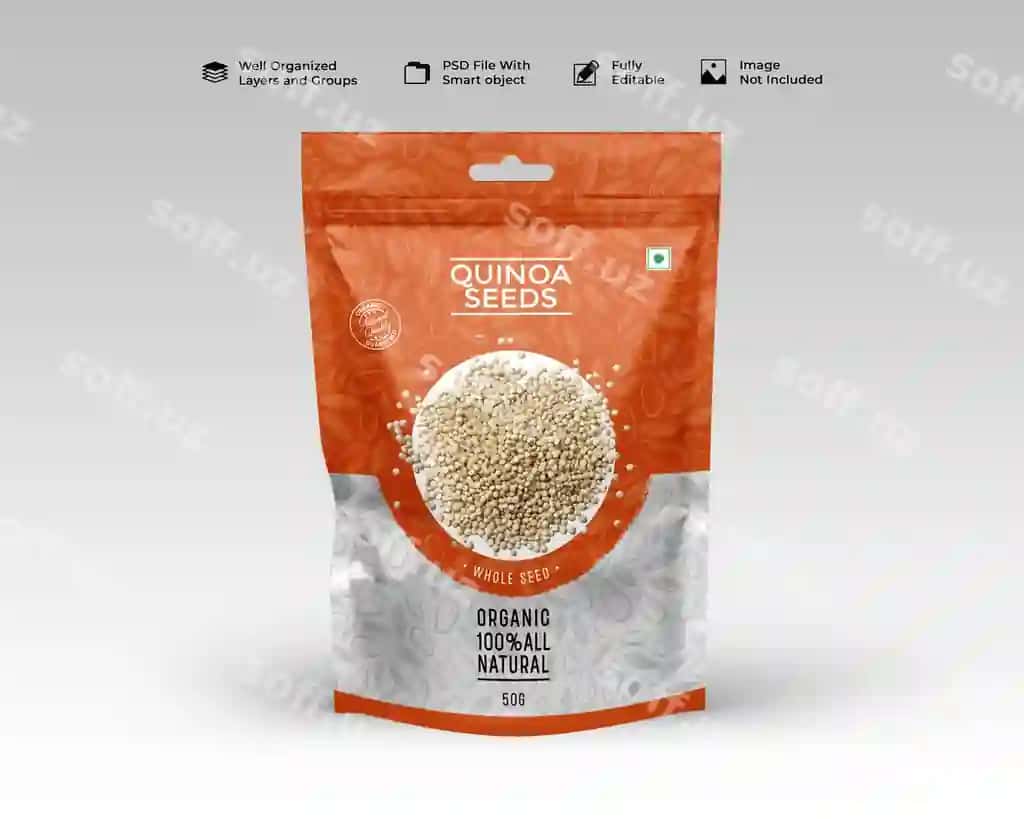 Kinoa urug'lari stand up pouch paketi namunasi | Quinoa seeds stand up pouch packaging mockup