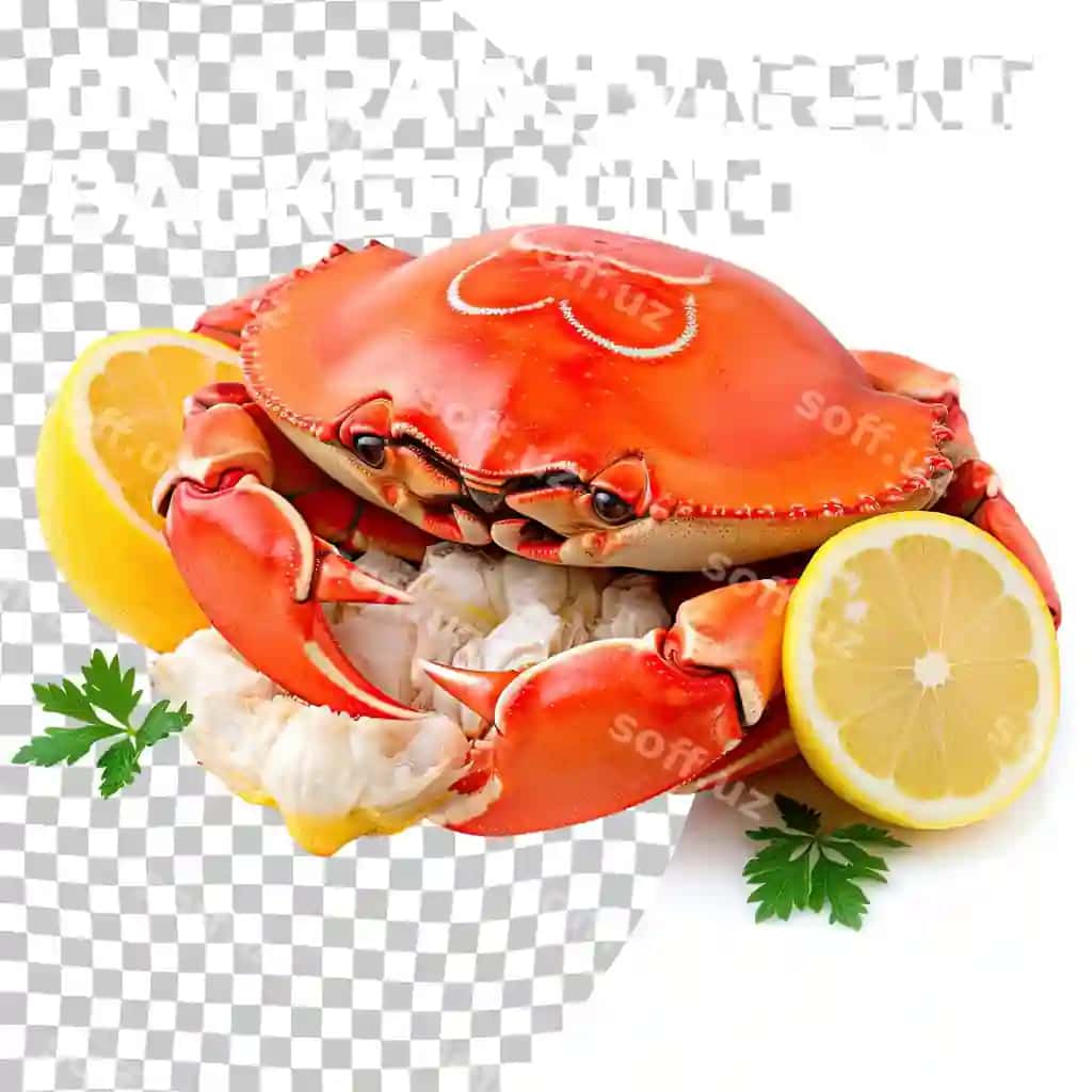 Paz etilgan qarides kesilgan limon meva ajraltirilgan shaffof fonda | Cooked crab with sliced lemon fruit isolated transparent background