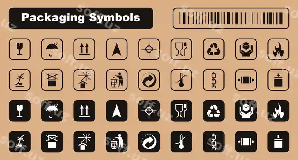 Qadoqlash belgilar komplekti qadoqlash yuk ikonasi | Packaging symbols set packaging cargo icon