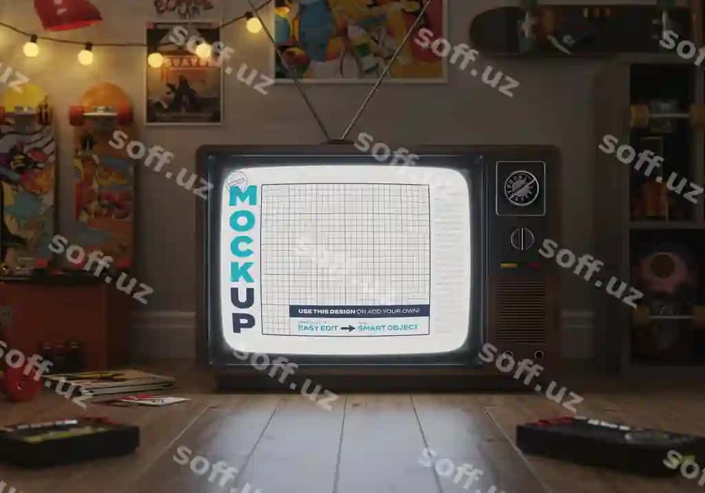 Eski uslubdagi retro TV stoyka pol namunasi | Old style retro tv stand floor mockup