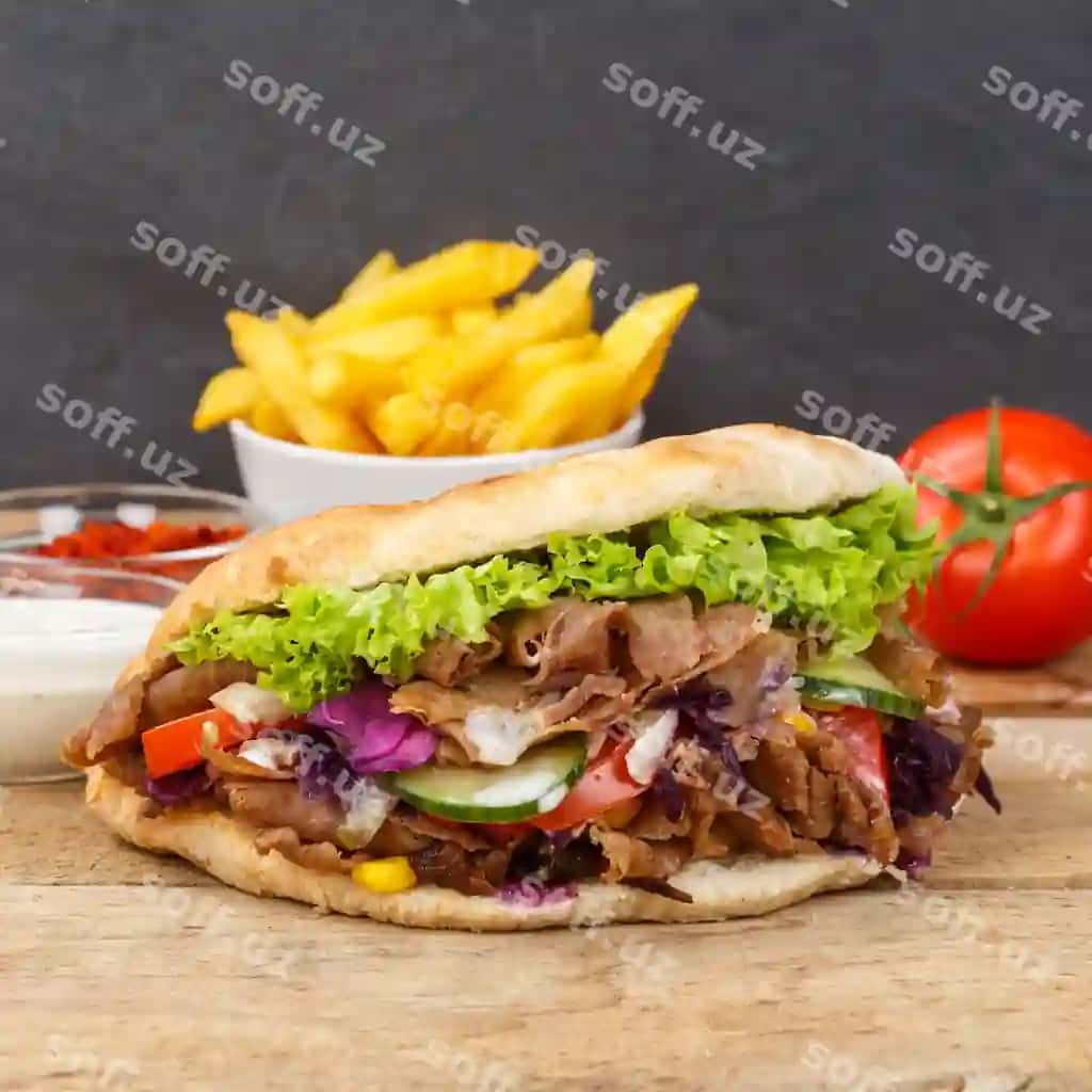 Doner kebab doner kebap fast food flatbread with fries wooden board square | Doner kebab doner kebap fast food flatbread with fries wooden board square