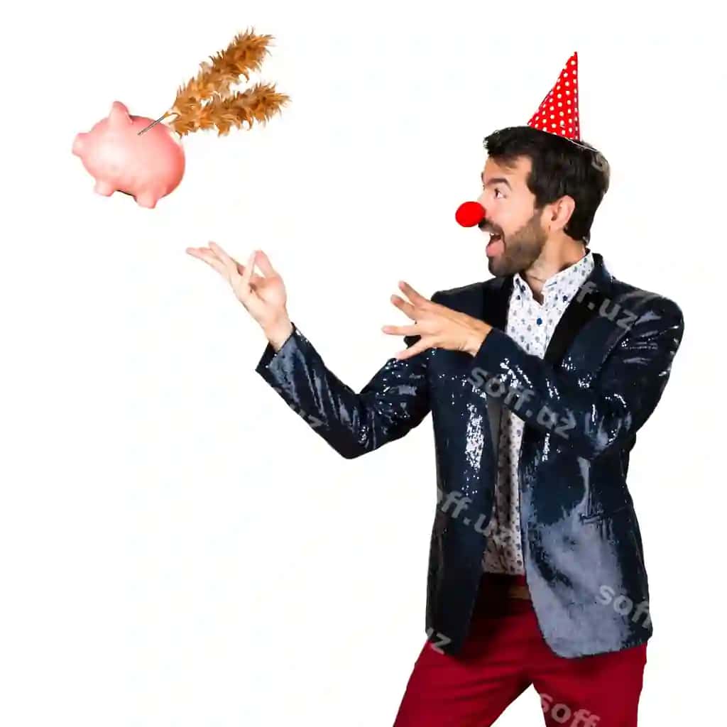 Er jaketli kloyn bosmasi qirq bilan sehrgarlik qiladi | Man with jacket with clown nose doing magic with pig