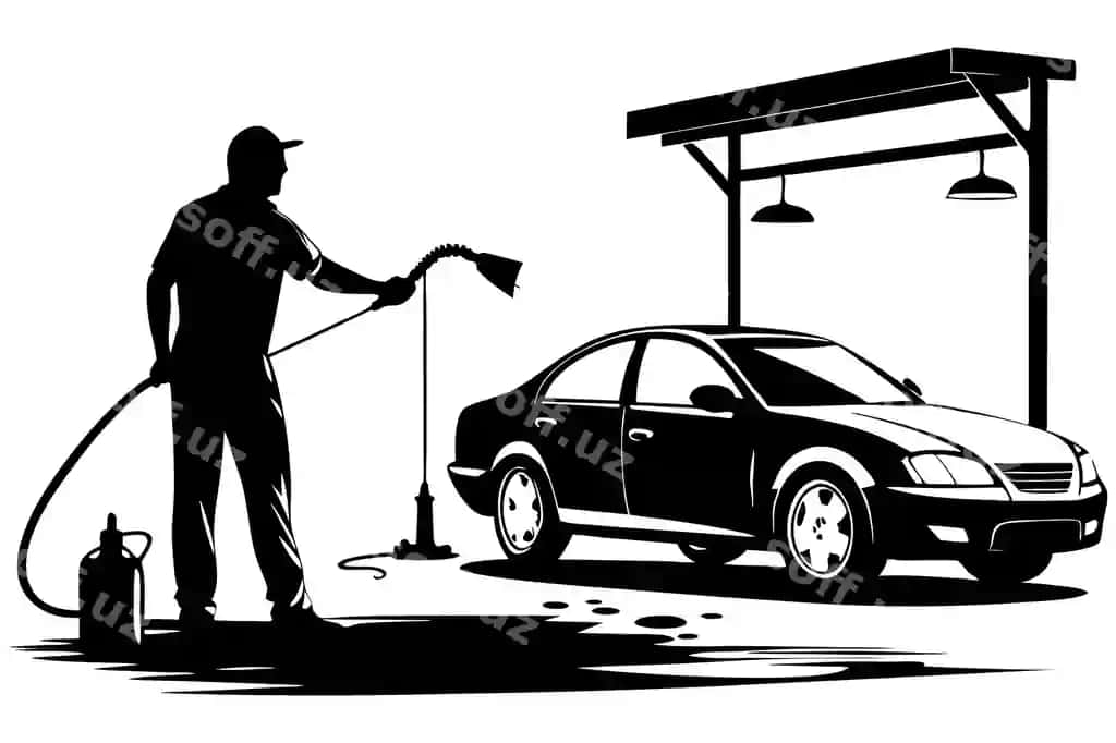 Qora-oq chizma erkak mashinani tozalashda | Black white drawing man cleaning car
