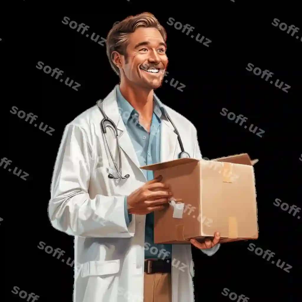 Erkak doktor baxtli tibbiy kiyimlar paketini qabul qilmoqda. | Male doctor happily receiving package medical attire