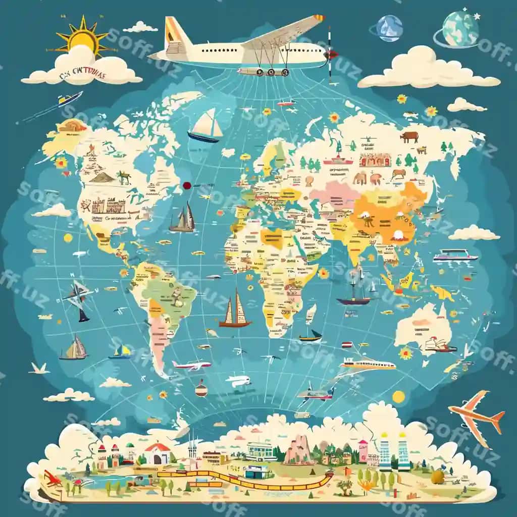 Dunyo xaritasi ko'k fon ustida belgilar, yo'llar va ko'rsatgichlar bilan | World map on blue background with marks ways pointers