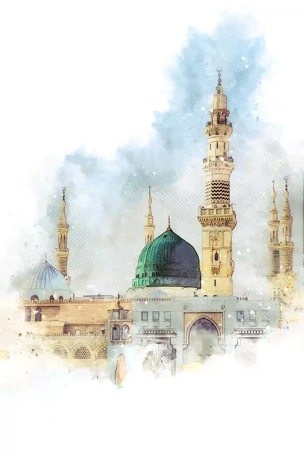 Yashil gumbazli payg'ambar masjidi medina saudiya Arabistoni bilan yashil masjid eskizi. | Watercolor painting sketch green mosque with green dome prophet mosque medina saudi arabia