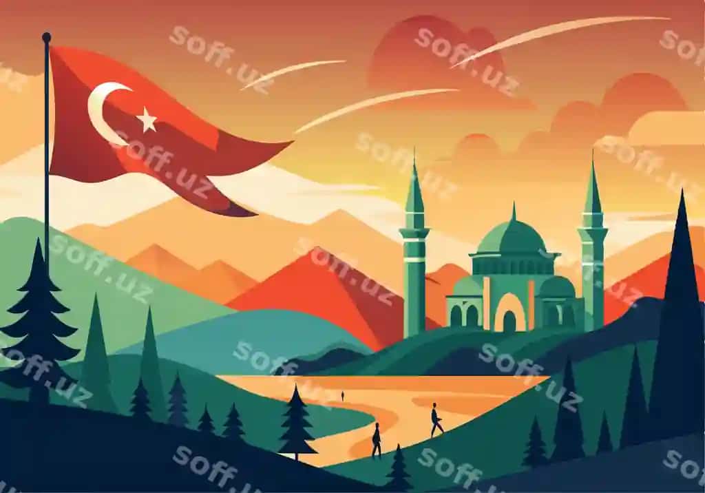 Manzaralı Turk manzarası: bayrog'li masjid va quyosh botishi | Scenic turkish landscape with flag mosque sunset