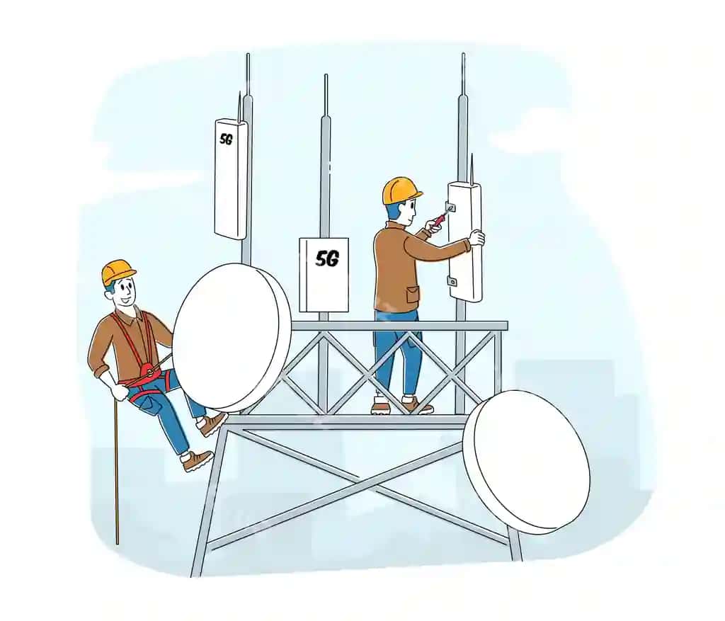 Ishchilar shaxsiyati uniforma va qattiq botinkalar kiygan jihozlarni o'rnatmoqda. | Workers character wearing uniform hard hats installing equipment