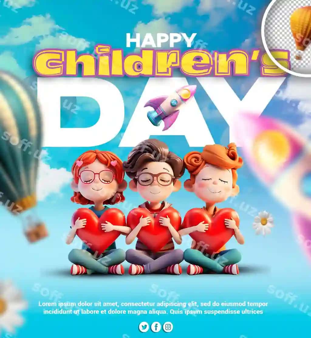 Psd baxirli bolalar kuni tahrirlanga post dizayni ijtimoiy tarmoqlar bilan | Psd happy children s day editable post design social media with