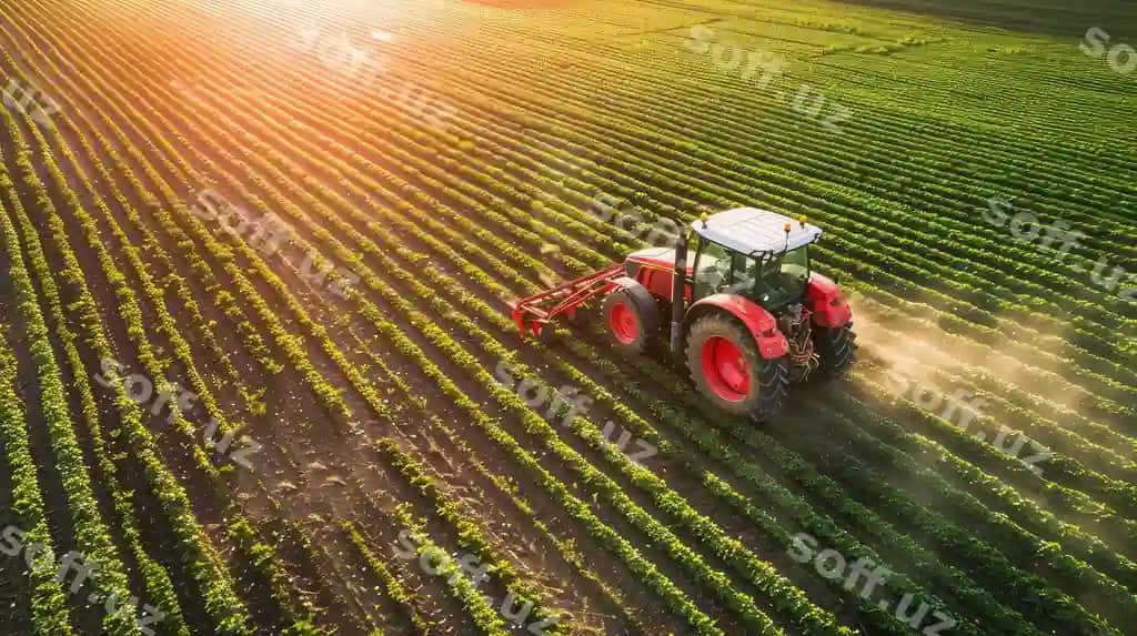 Havaskan ko'rinishda traktor ekilgan qishloq hosil maydonini uyg‘otib beruvchi | Aerial view tractor fertilizing cultivated agricultural field