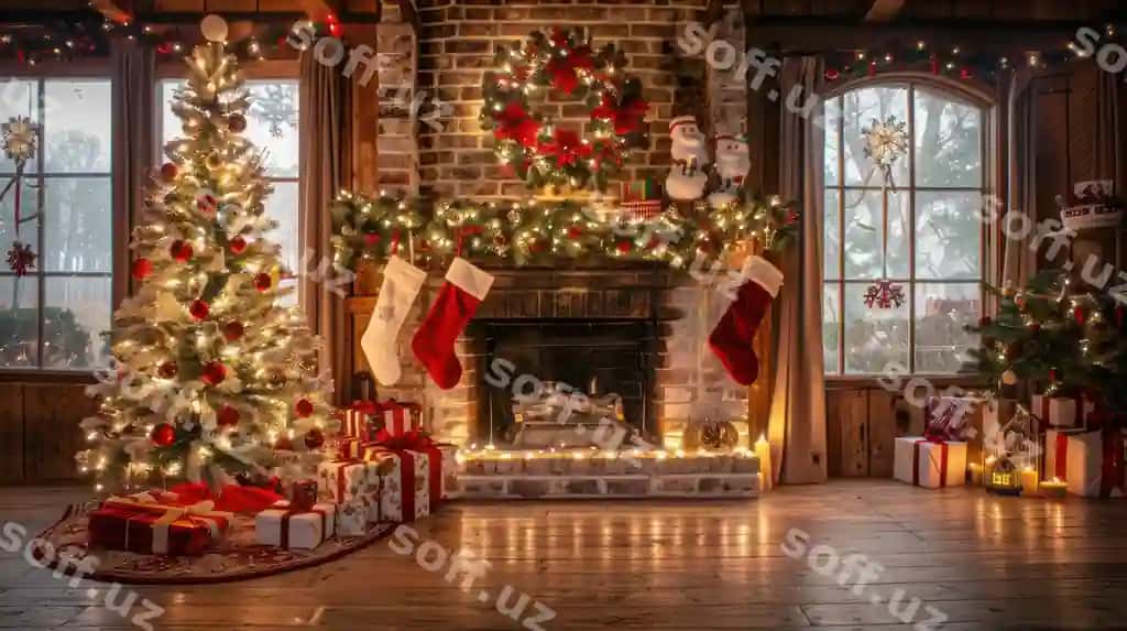 Bozorga dekoratsiya qilingan qulay mehmonxona pech va yelchoq daraxt bilan | Cozy living room decorated christmas with fireplace christmas tree