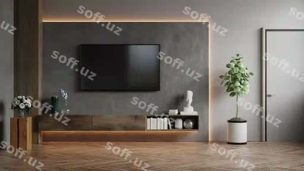 Televizor devorga qo'yilgan qorong'u xona beton devorli 3D render | Tv wall mounted dark room with concrete wall 3d rendering