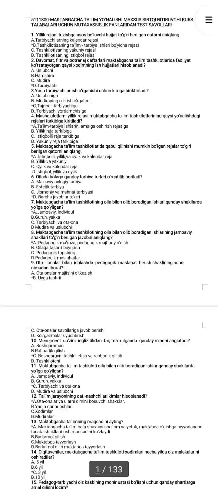 MAKTABGACHA TALIM YONALISHI MAXSUS SIRTQI BITIRUVCHI KURS TALABALARI UCHUN MUTAXASSISLIK FANLARIDAN