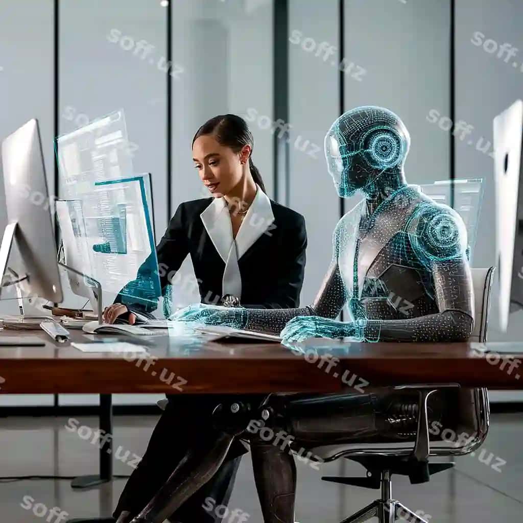 Ayol stolga o'tiradi, ikki boshqa kishilar kompyuterlar ustida ishlayotgan. | Woman sits desk with two other people working computers