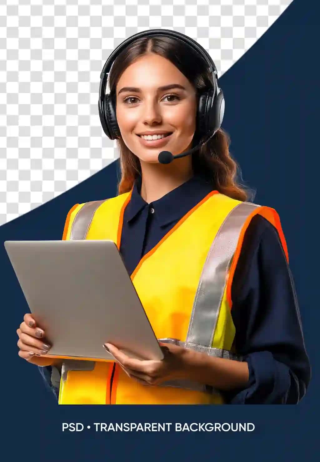 Mikrofonli ko'k fonda ekranli himoya kamzuli kiygan ayol | Woman wearing safety vest with microphone blue background with screen