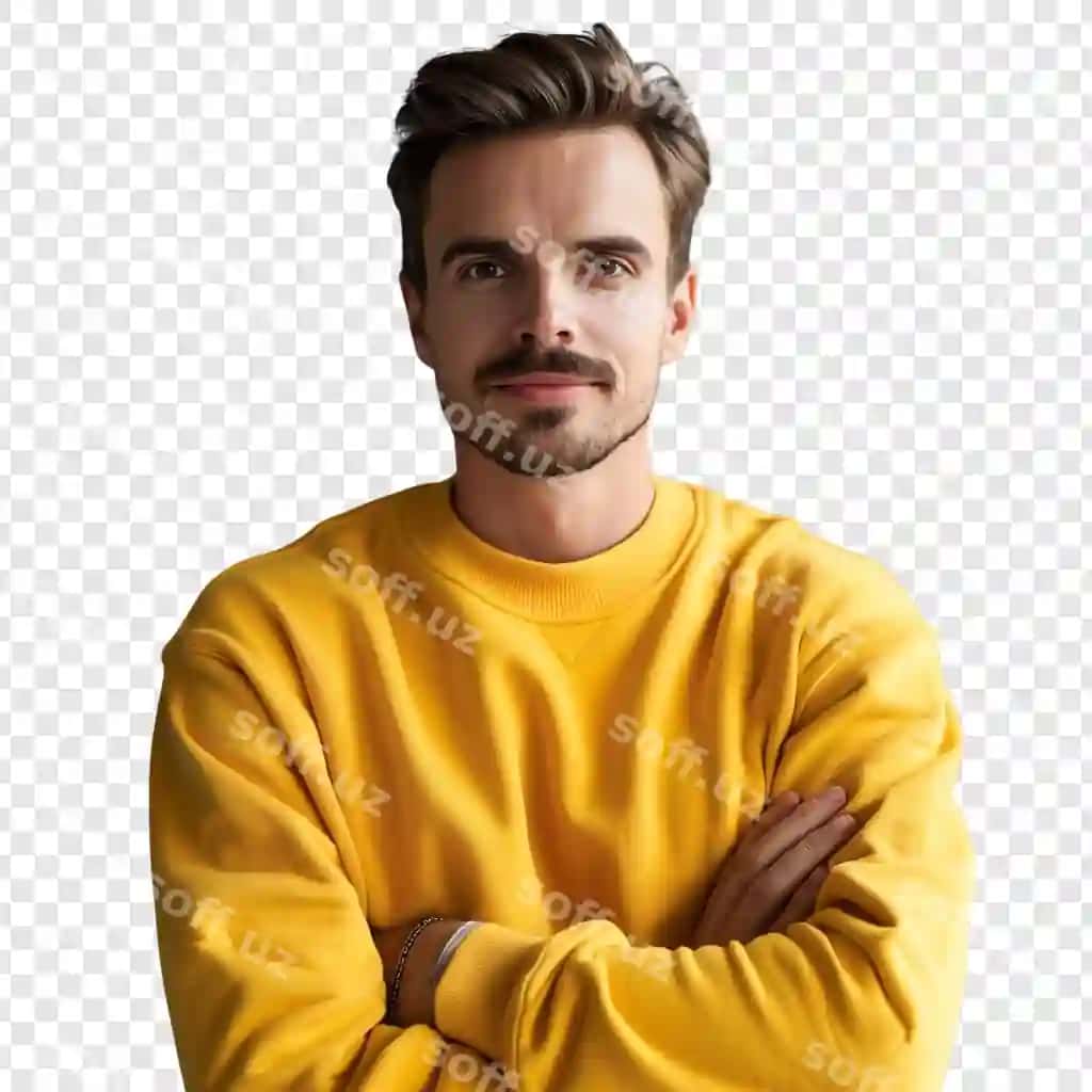Portret o'z minnat erkak sariq sviter | Portrait confident man yellow sweatshirt