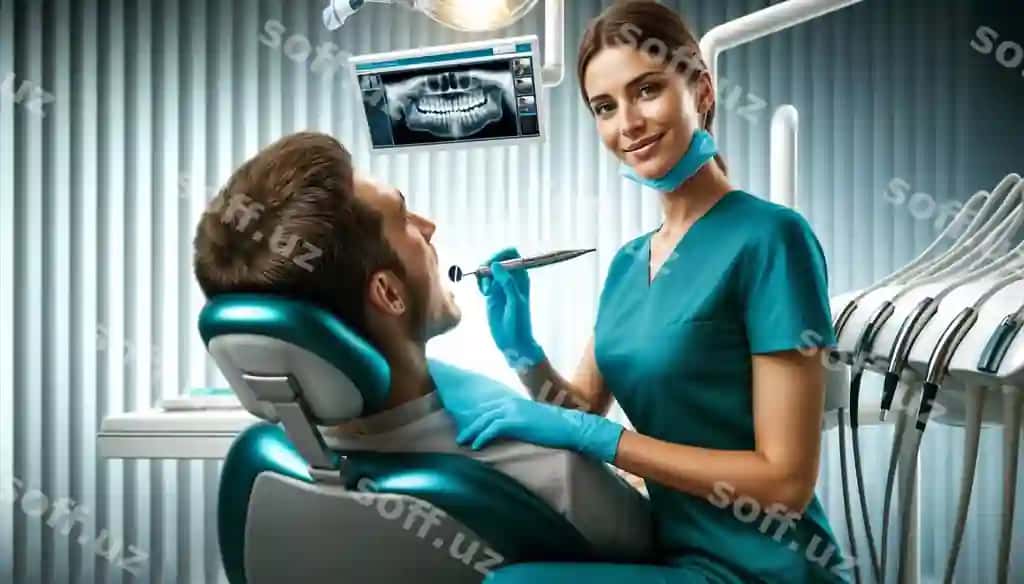 Fotorealistik rasm ayol tish hygienisti odatiy tozalash bemor | Photorealistic image female dental hygienist giving routine cleaning patient