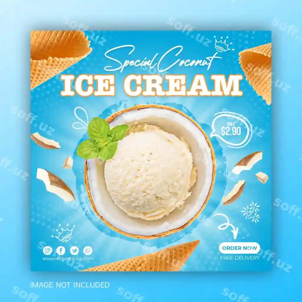 Shirin nong'om muzlatmasi ijtimoiy tarmoqlar banneri Instagram posti dizayni | Delicious coconut ice cream social media banner instagram post design