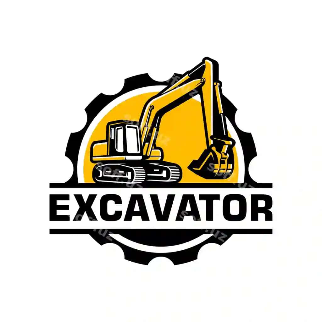 Ekskavator logotip dizayni qayi ramasi vektor illustratsiyasi | Excavator logo design with gear frame vector illustration