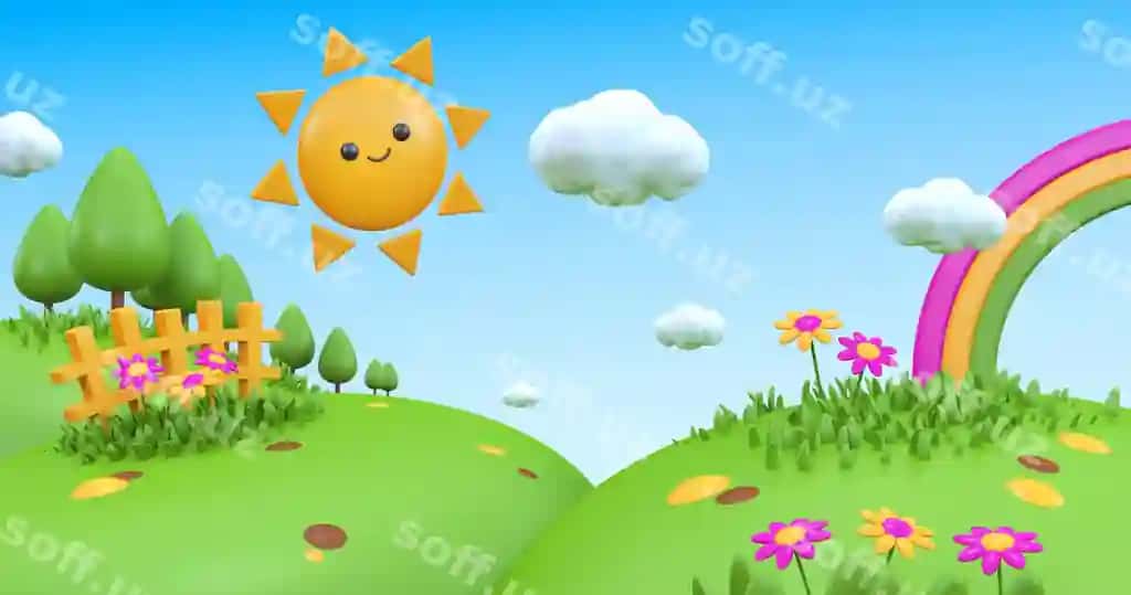 Baxtli quyosh multfilm landshtin orqa fonda 3D render | Happy sun with cartoon landscape background 3d render