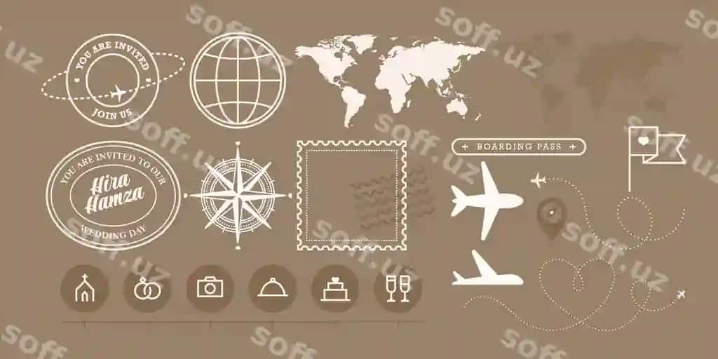 Sayohat macera mavzusidagi grafik elementlar taklifnoma dizayni | Travel adventure themed graphic elements invitations design
