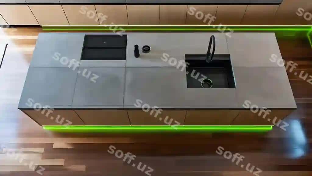 Dizayner mahina zamonaviy ostrov, san'atli choynaklar, zamonaviy yog'och pol, ilg'iroqliy metallik texnologiyalarni o'z ichiga kirgizgan. | Designer kitchen featuring sleek island artistic pendant fixtures lush hardwood flooring advanced stainless steel technology