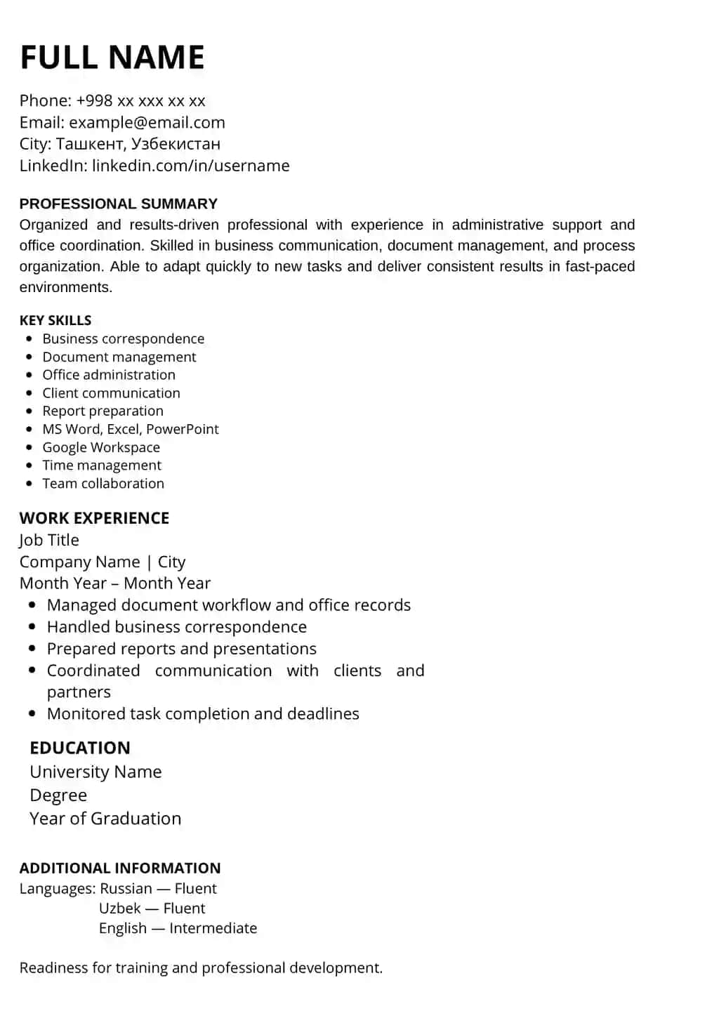 ATS Office CV – International Pack (RU / EN / UZ)
