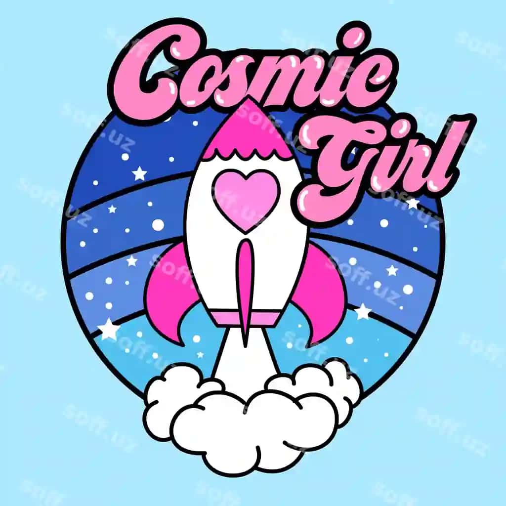 Vektor kosmik qiz matni kosmik kema bilan | Vector cosmic girl text with spaceship