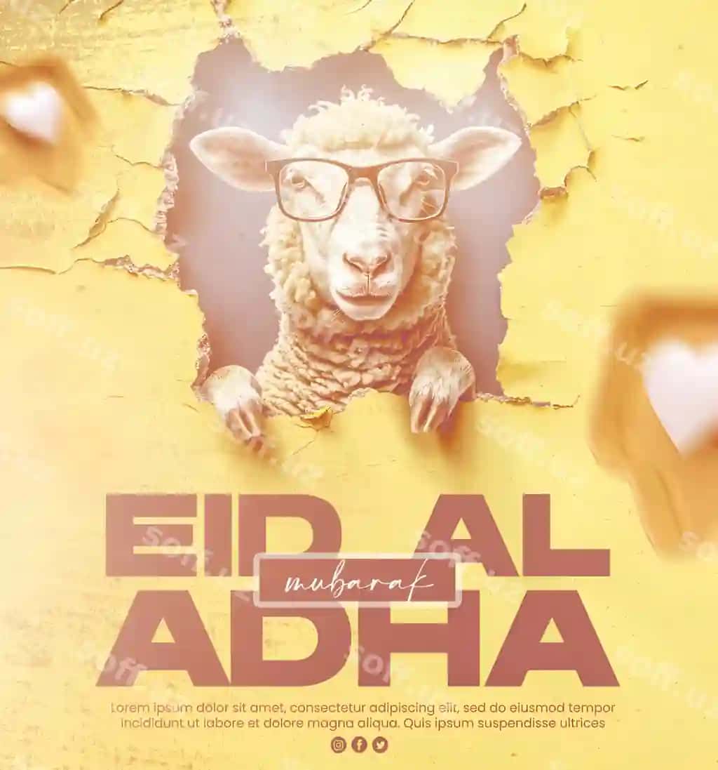 Psd hayrli bayram Qurbon hayiti baner plakat qoylar ko'z qoyni bilan | Psd eid mubarak eid al adha banner poster with sheep wearing glasses